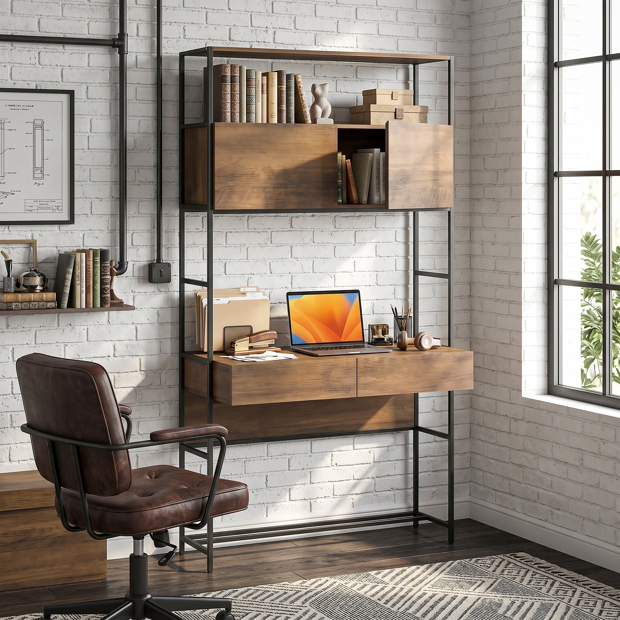 Computer Desk with 2 Drawers, 39.4 in W x 17.7 in D x 72.8 in H — Storage Cabinets & Open Shelves, Modern Small-Space Home Office Desk, Brown Wood