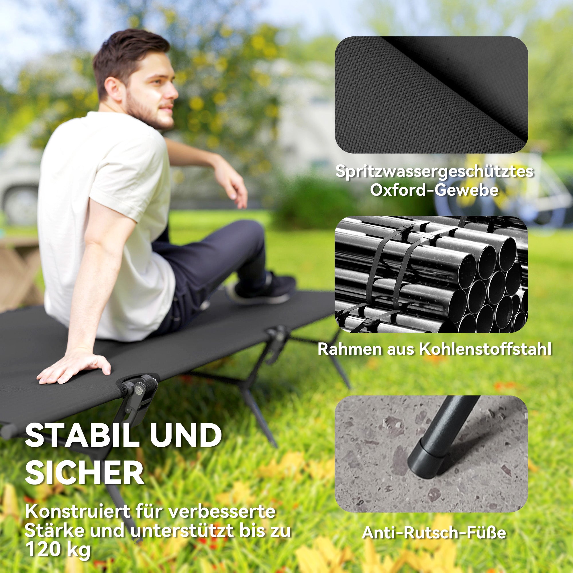 Folding Camp Bed Camping Cot with Carrying Bag 200 x 100 x 36 cm Guest Bed up to 120 kg Extra Wide Camp Cot for Adults Folding Bed for Indoor, Outdoor, Garden Camping Travel Black