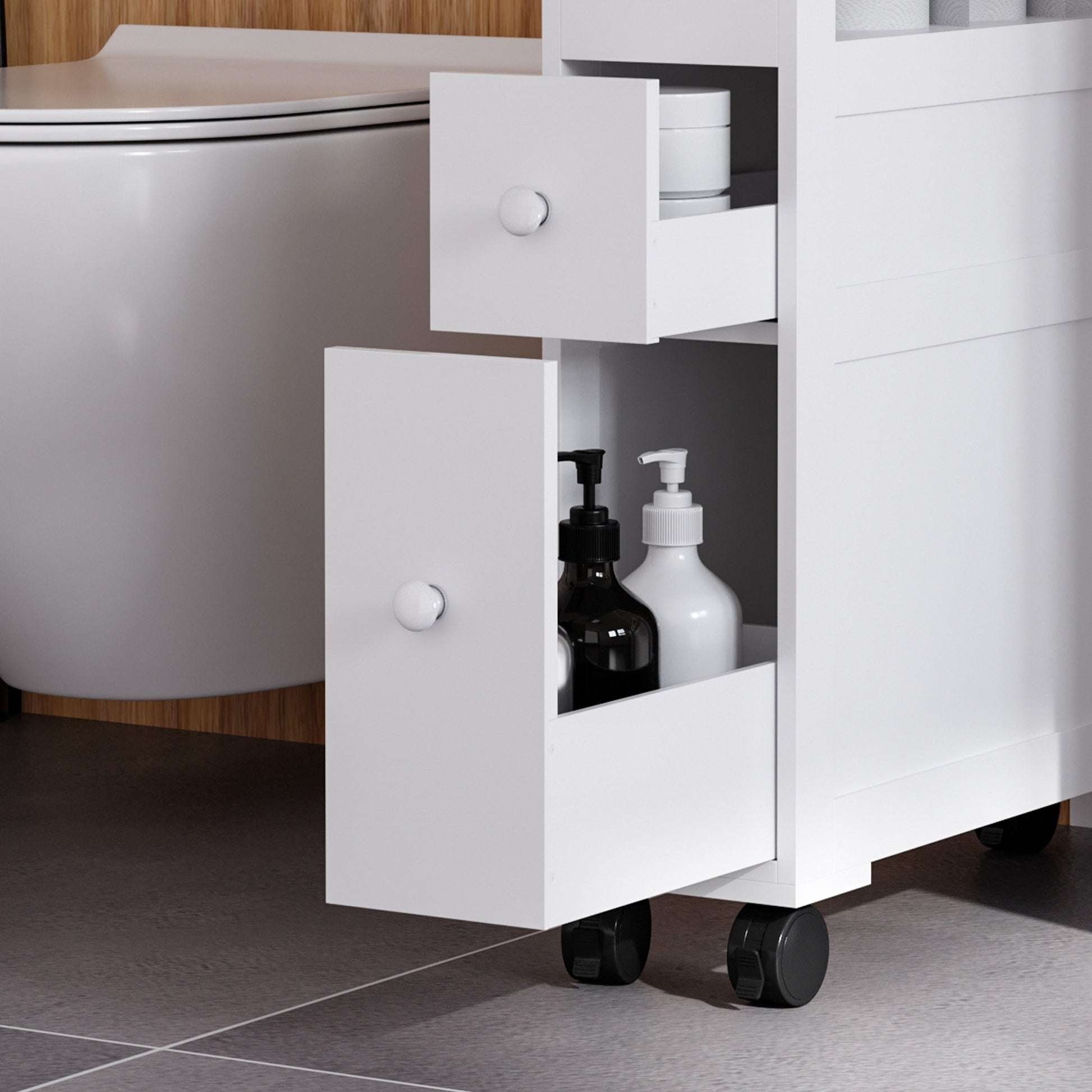 Bathroom Cabinet with Wheels Narrow Bathroom Cabinet with 2 Drawers and Storage Shelf Load 20 kg 16x52x71.5 cm White