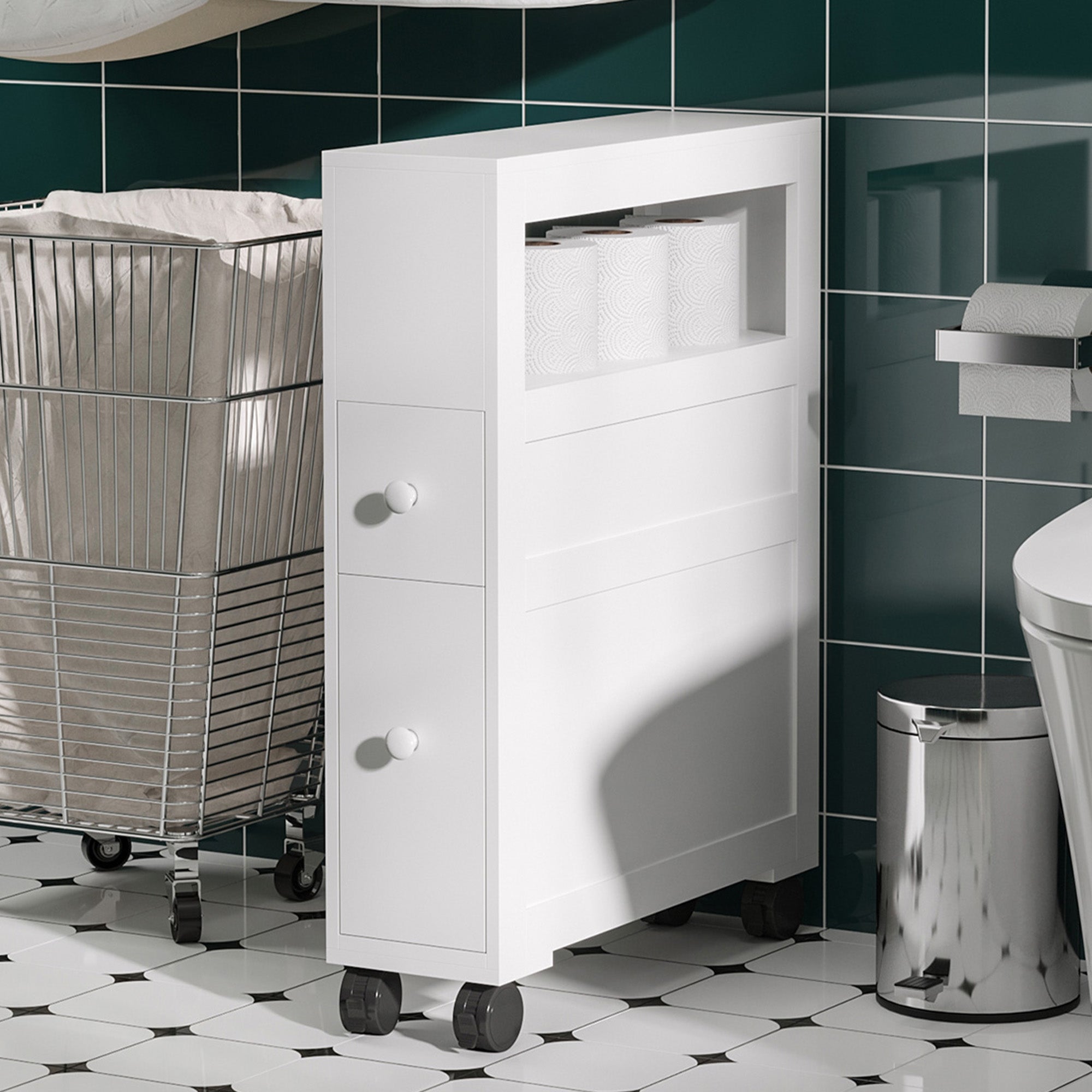 Bathroom Cabinet with Wheels Narrow Bathroom Cabinet with 2 Drawers and Storage Shelf Load 20 kg 16x52x71.5 cm White