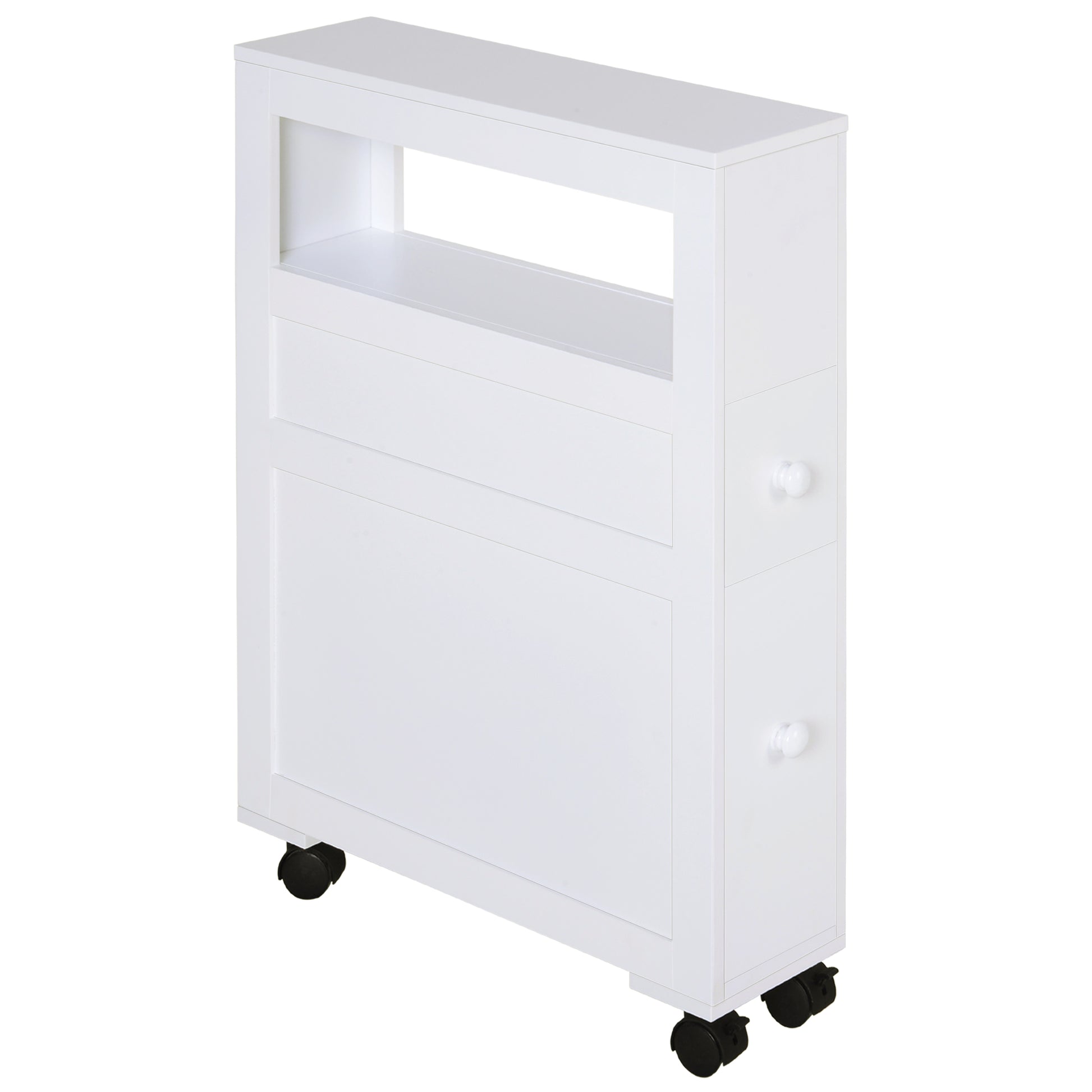 Bathroom Cabinet with Wheels Narrow Bathroom Cabinet with 2 Drawers and Storage Shelf Load 20 kg 16x52x71.5 cm White