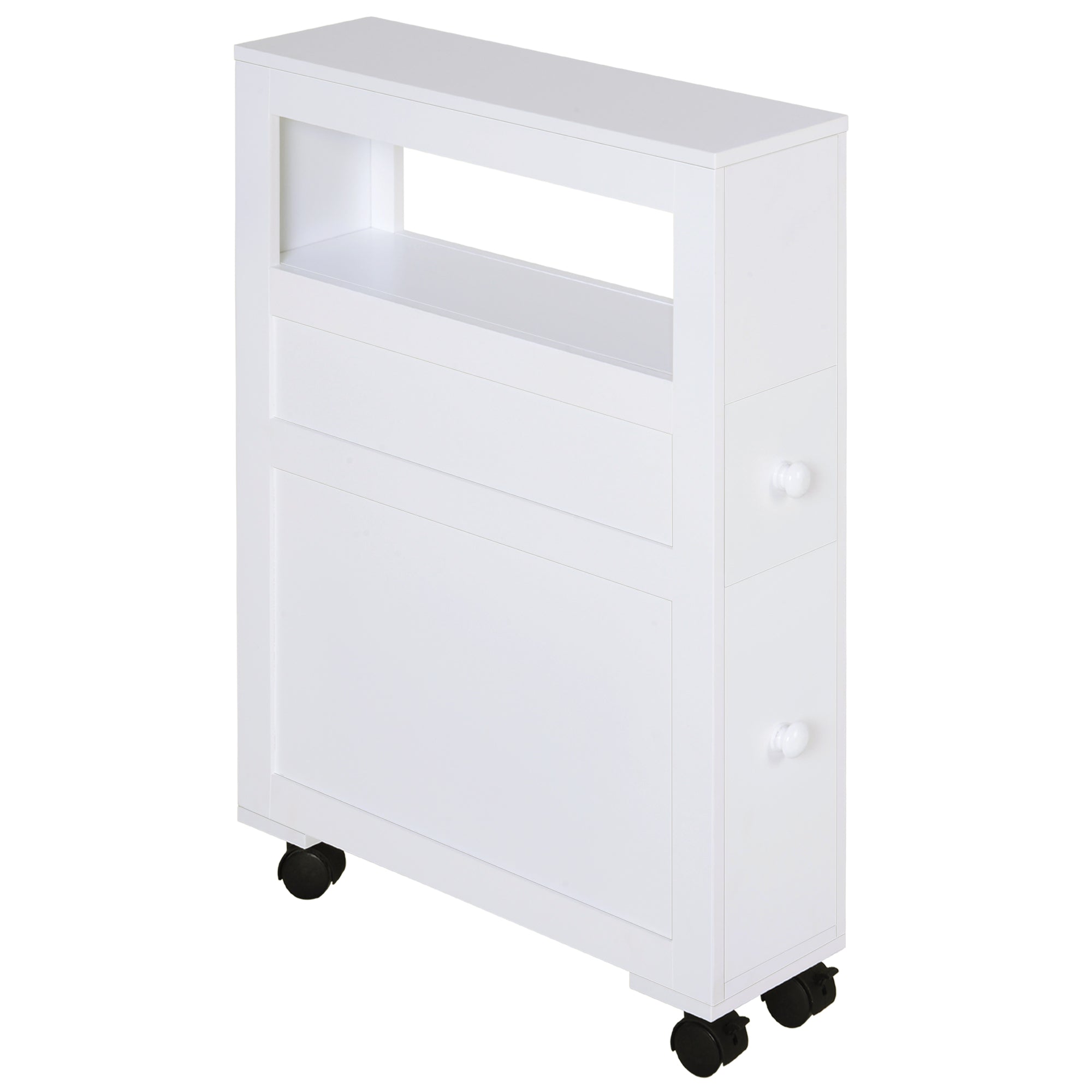 Bathroom Cabinet with Wheels Narrow Bathroom Cabinet with 2 Drawers and Storage Shelf Load 20 kg 16x52x71.5 cm White