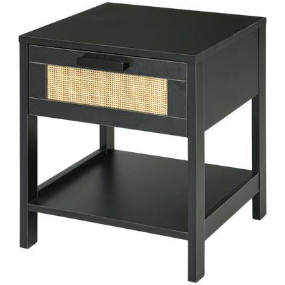 Bedside Table Nightstand with Drawer and Shelf, Rattan Cane, Dim. 40L x 40W x 48H cm Black