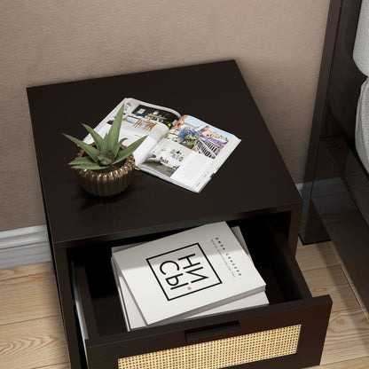 Bedside Table Nightstand with Drawer and Shelf, Rattan Cane, Dim. 40L x 40W x 48H cm Black