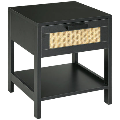 Bedside Table Nightstand with Drawer and Shelf, Rattan Cane, Dim. 40L x 40W x 48H cm Black