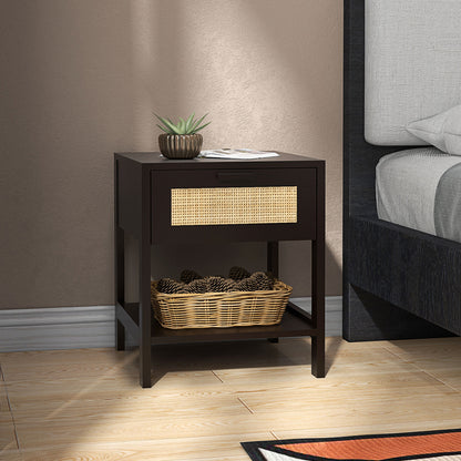 Bedside Table Nightstand with Drawer and Shelf, Rattan Cane, Dim. 40L x 40W x 48H cm Black