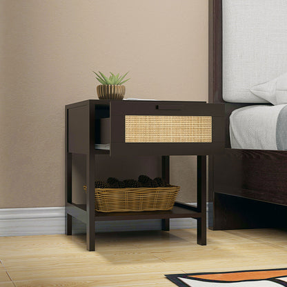 Bedside Table Nightstand with Drawer and Shelf, Rattan Cane, Dim. 40L x 40W x 48H cm Black