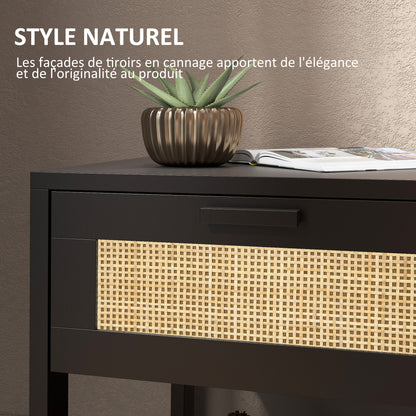 Bedside Table Nightstand with Drawer and Shelf, Rattan Cane, Dim. 40L x 40W x 48H cm Black