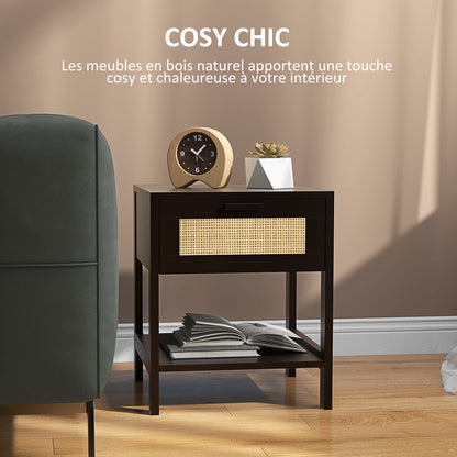 Bedside Table Nightstand with Drawer and Shelf, Rattan Cane, Dim. 40L x 40W x 48H cm Black