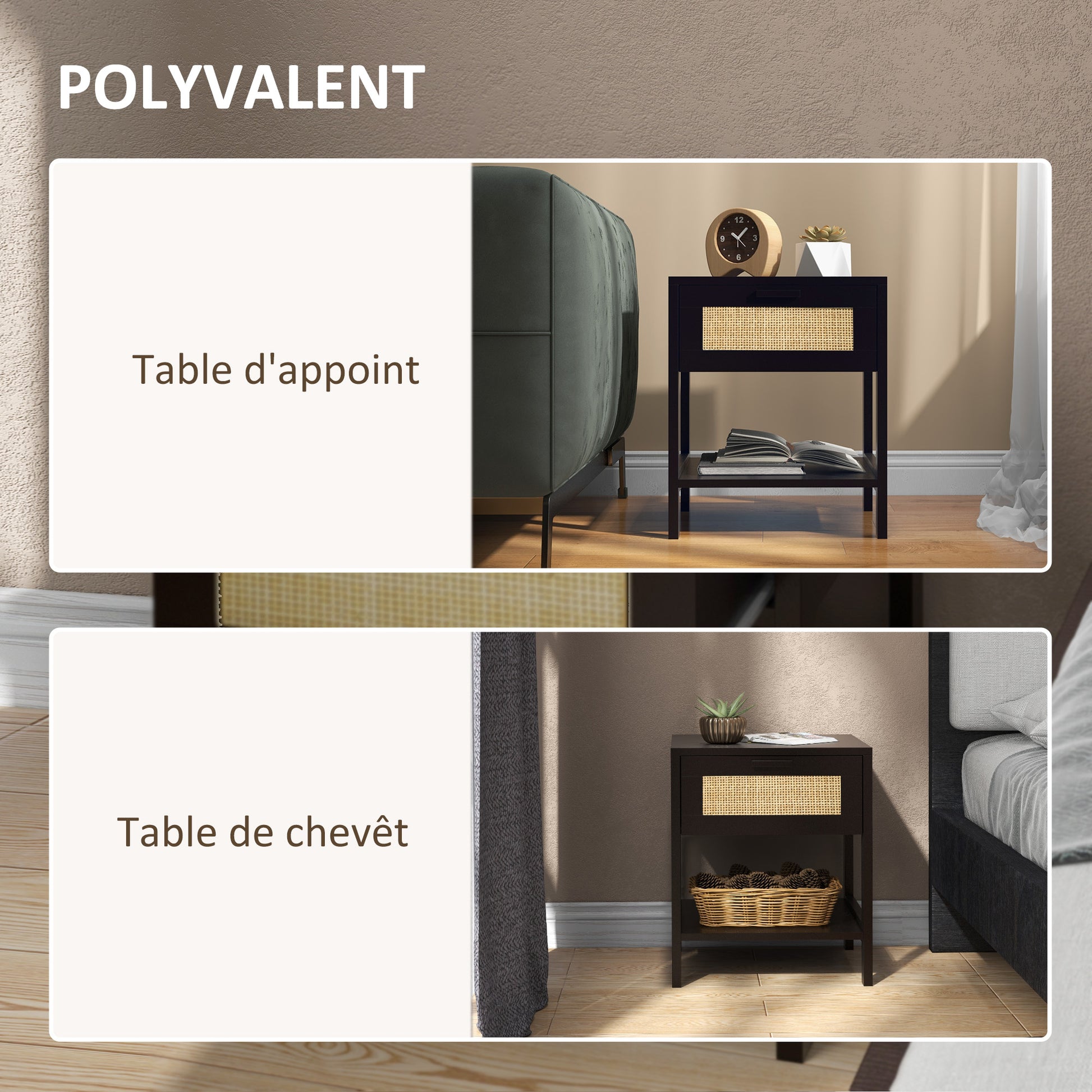 Bedside Table Nightstand with Drawer and Shelf, Rattan Cane, Dim. 40L x 40W x 48H cm Black