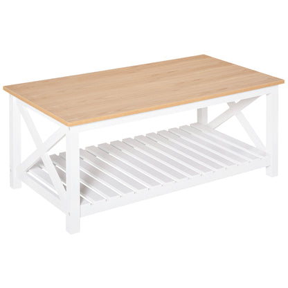 Rectangular Coffee Table dim. 116L x 60W x 48H cm Slatted Shelf Light Oak White MDF