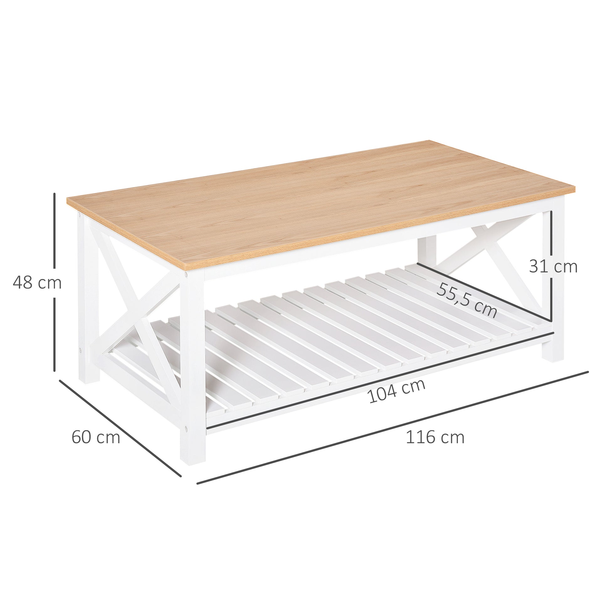Rectangular Coffee Table dim. 116L x 60W x 48H cm Slatted Shelf Light Oak White MDF
