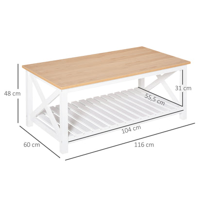 Rectangular Coffee Table dim. 116L x 60W x 48H cm Slatted Shelf Light Oak White MDF