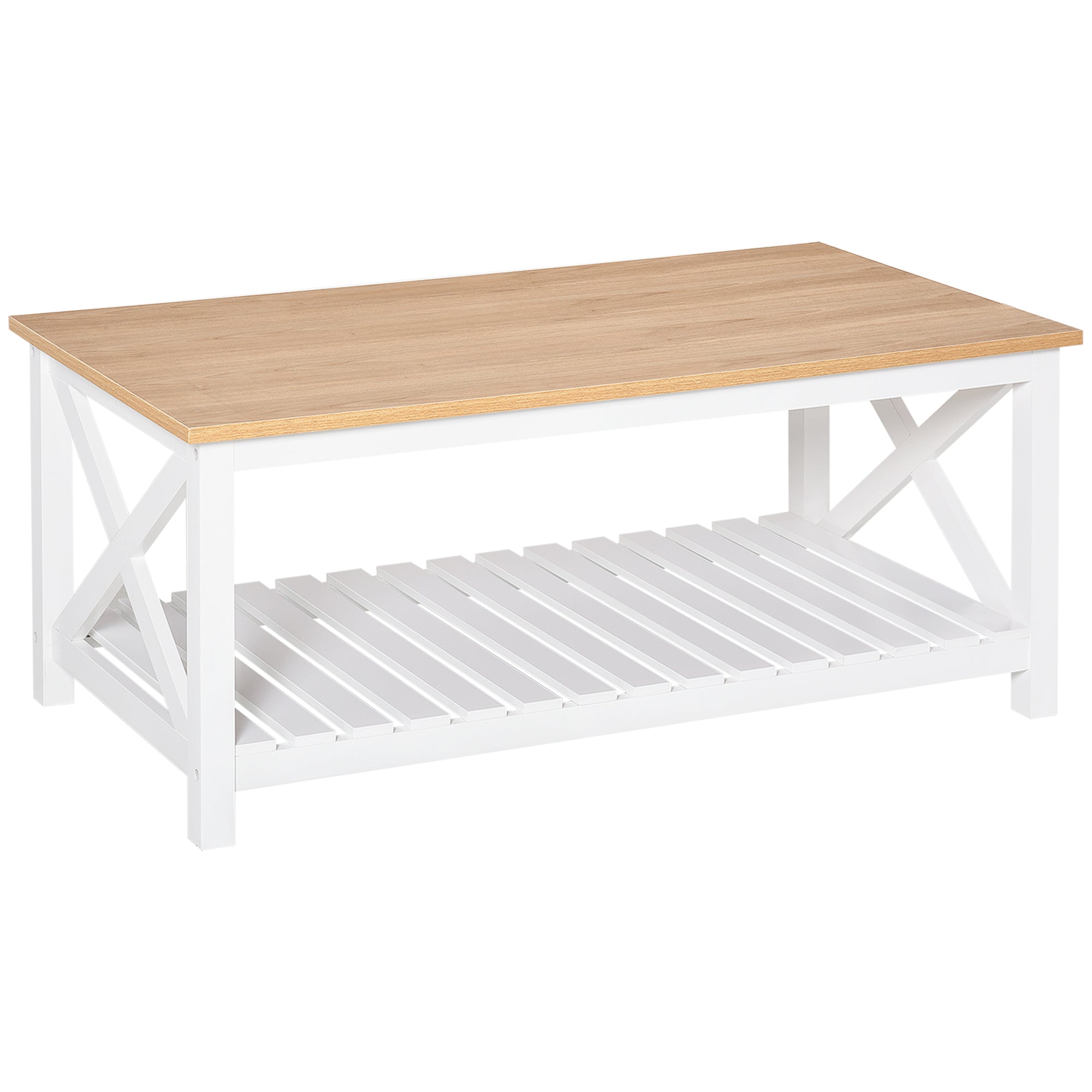 Rectangular Coffee Table dim. 116L x 60W x 48H cm Slatted Shelf Light Oak White MDF