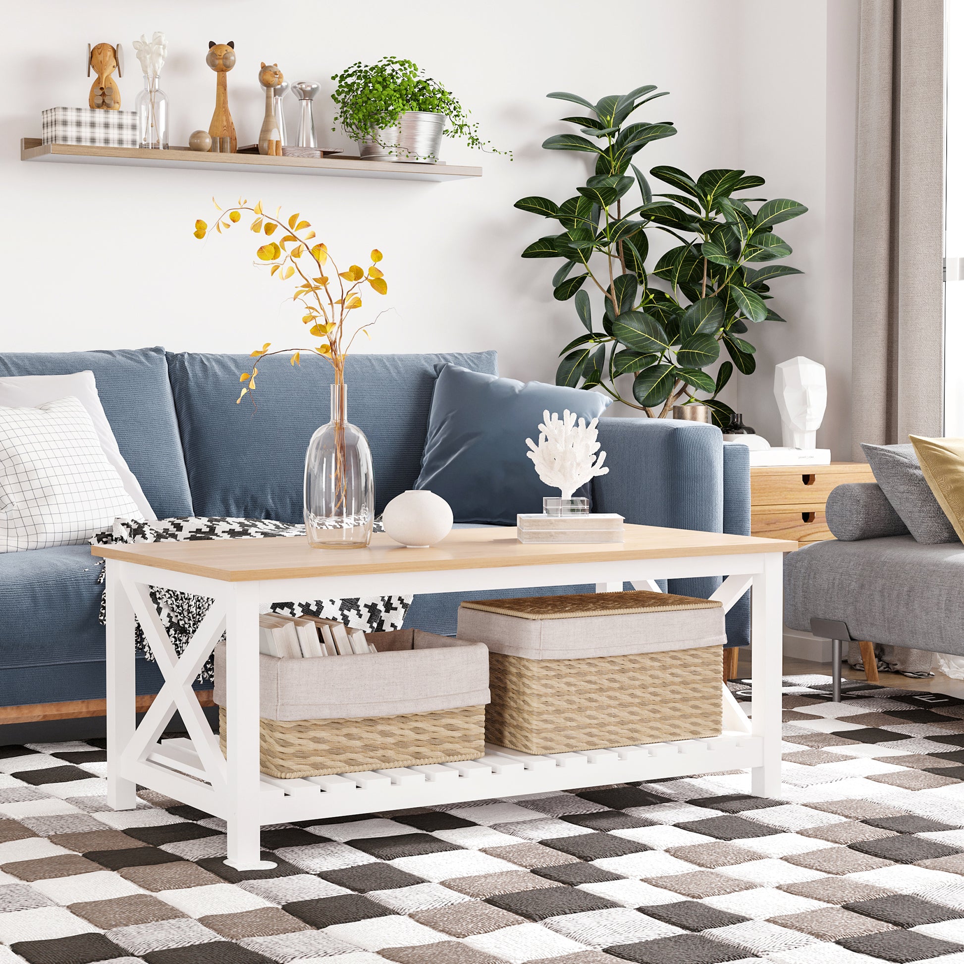Rectangular Coffee Table dim. 116L x 60W x 48H cm Slatted Shelf Light Oak White MDF