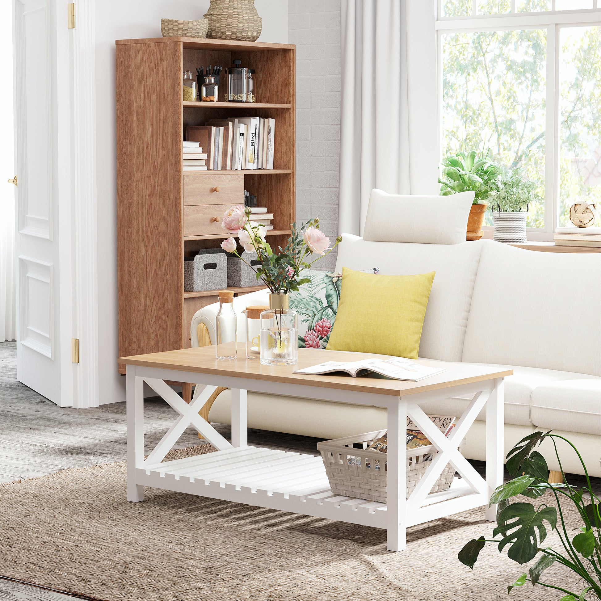 Rectangular Coffee Table dim. 116L x 60W x 48H cm Slatted Shelf Light Oak White MDF