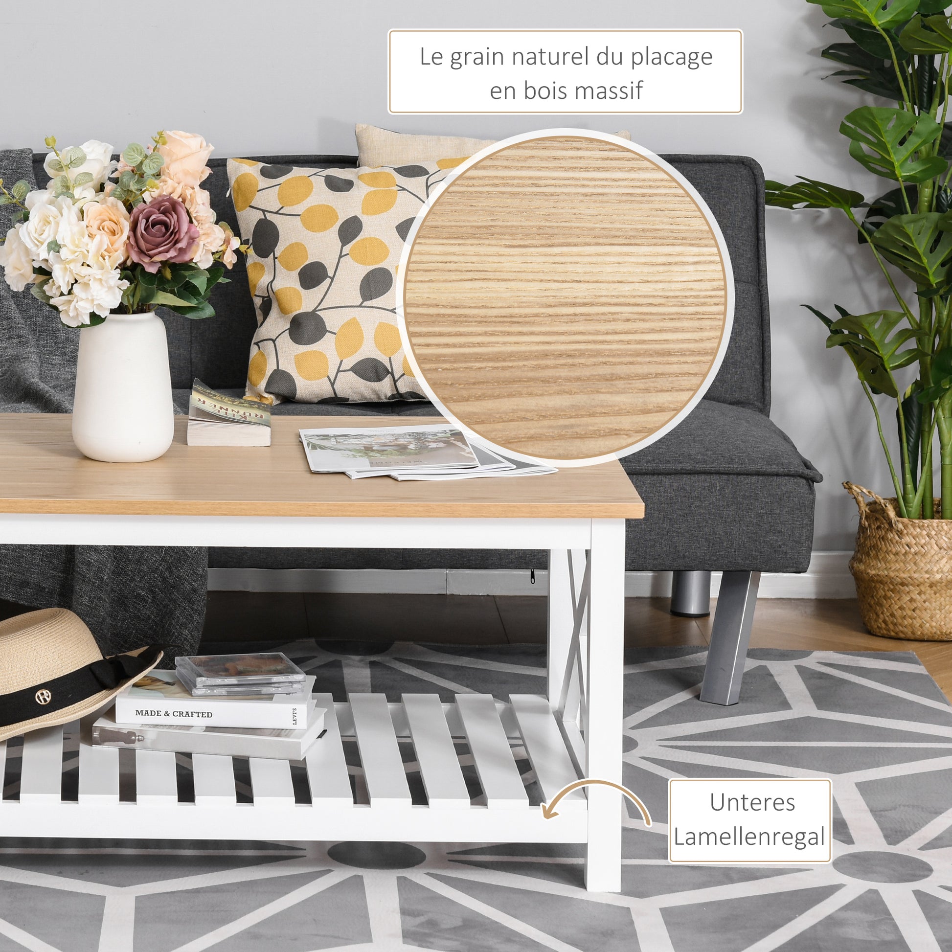 Rectangular Coffee Table dim. 116L x 60W x 48H cm Slatted Shelf Light Oak White MDF