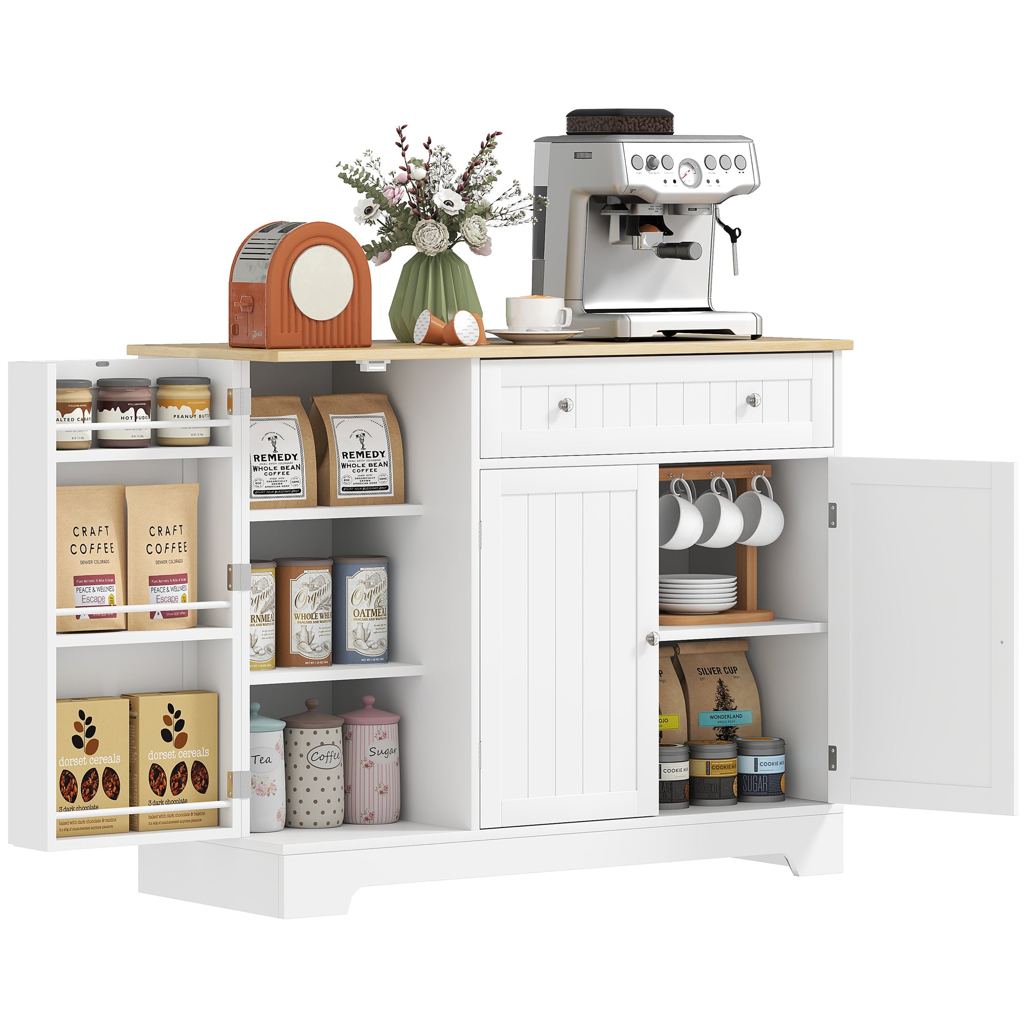 Kitchen Sideboard Kitchen Cabinet Pantry with Door Shelf Drawer Magnetic Doors Adjustable Shelves Sideboard for Dining Room 105x40x83 cm White and Oak