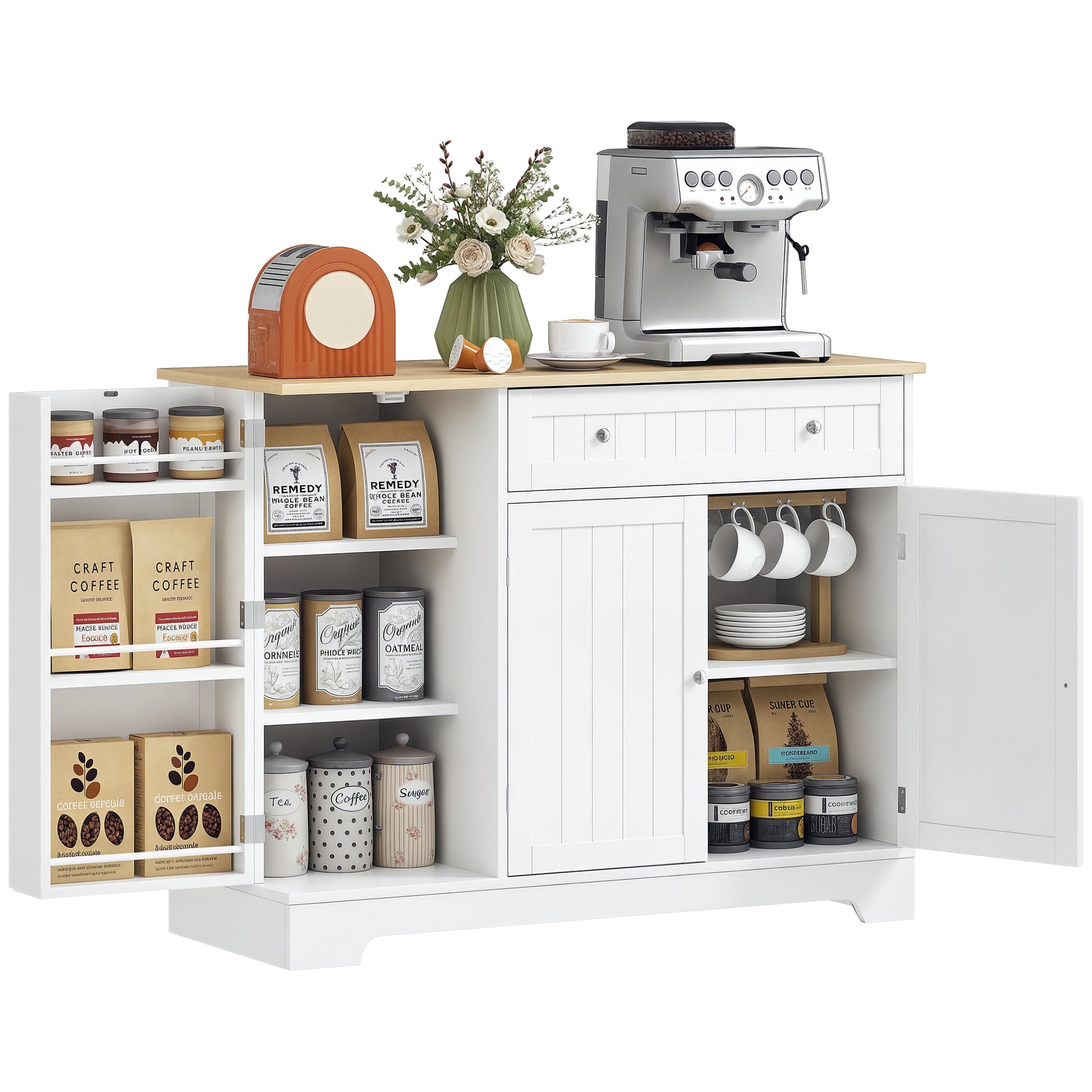 Kitchen Sideboard Kitchen Cabinet Pantry with Door Shelf Drawer Magnetic Doors Adjustable Shelves Sideboard for Dining Room 105x40x83 cm White and Oak