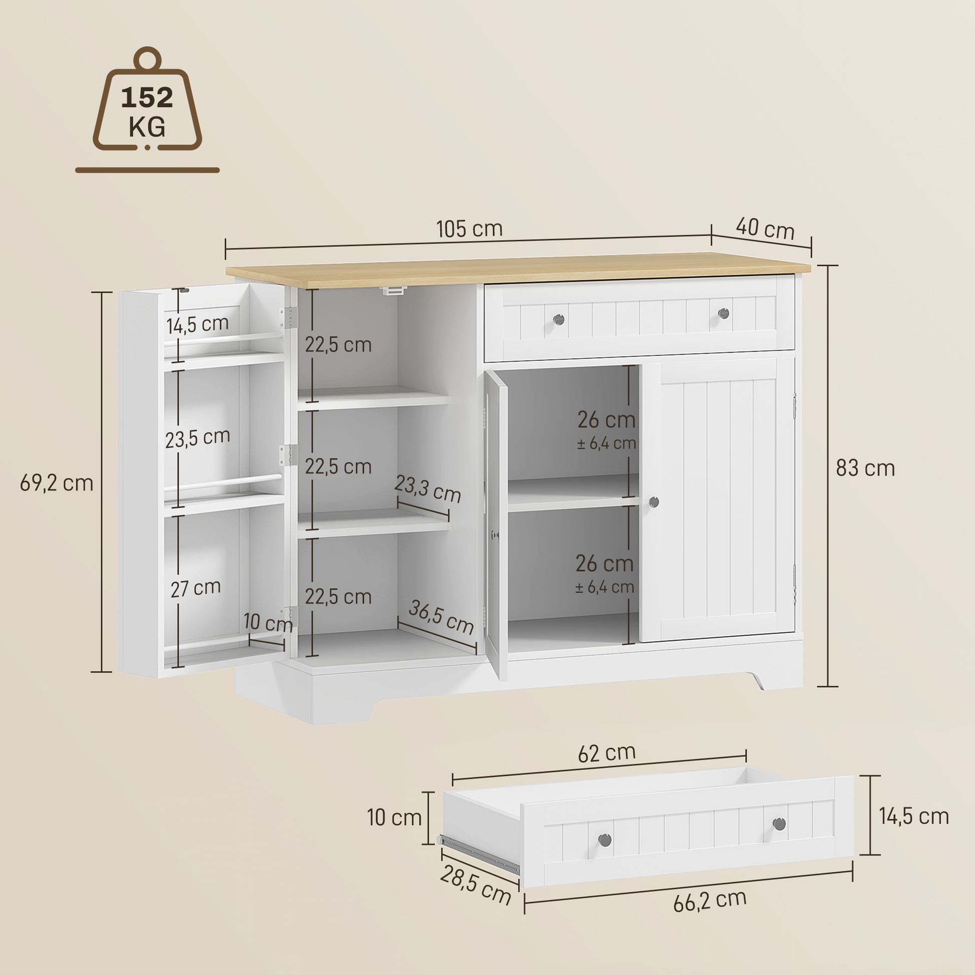 Kitchen Sideboard Kitchen Cabinet Pantry with Door Shelf Drawer Magnetic Doors Adjustable Shelves Sideboard for Dining Room 105x40x83 cm White and Oak