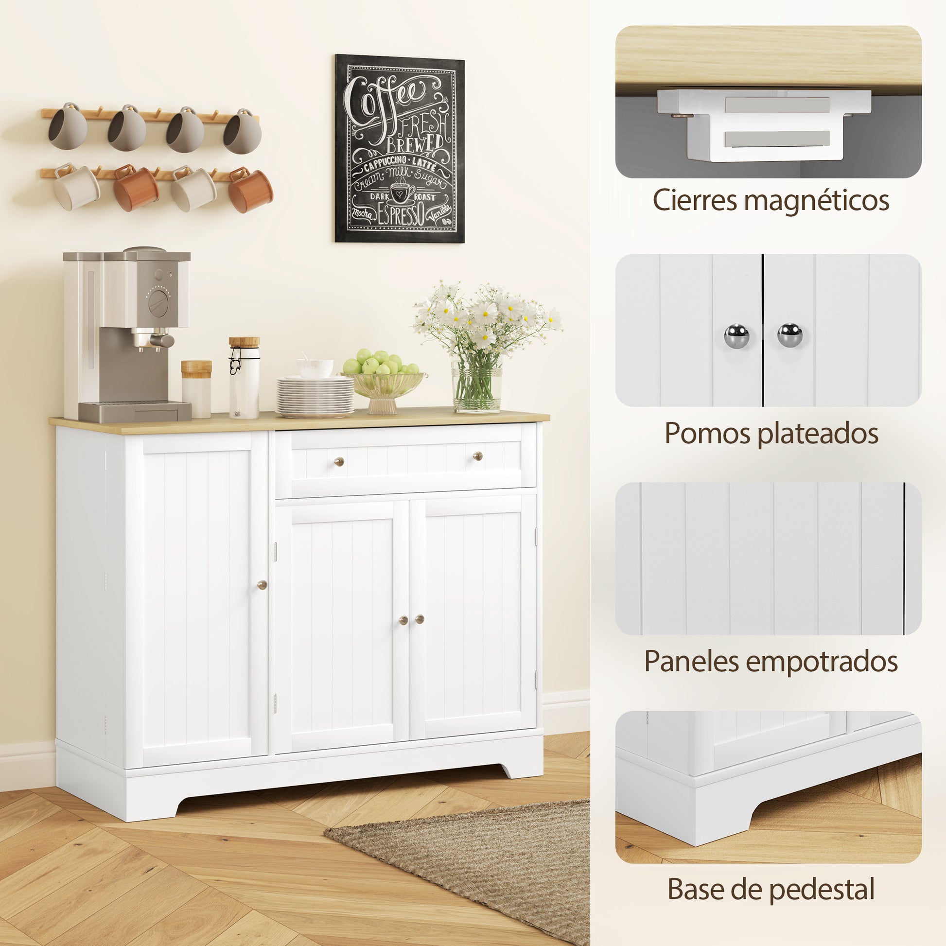 Kitchen Sideboard Kitchen Cabinet Pantry with Door Shelf Drawer Magnetic Doors Adjustable Shelves Sideboard for Dining Room 105x40x83 cm White and Oak