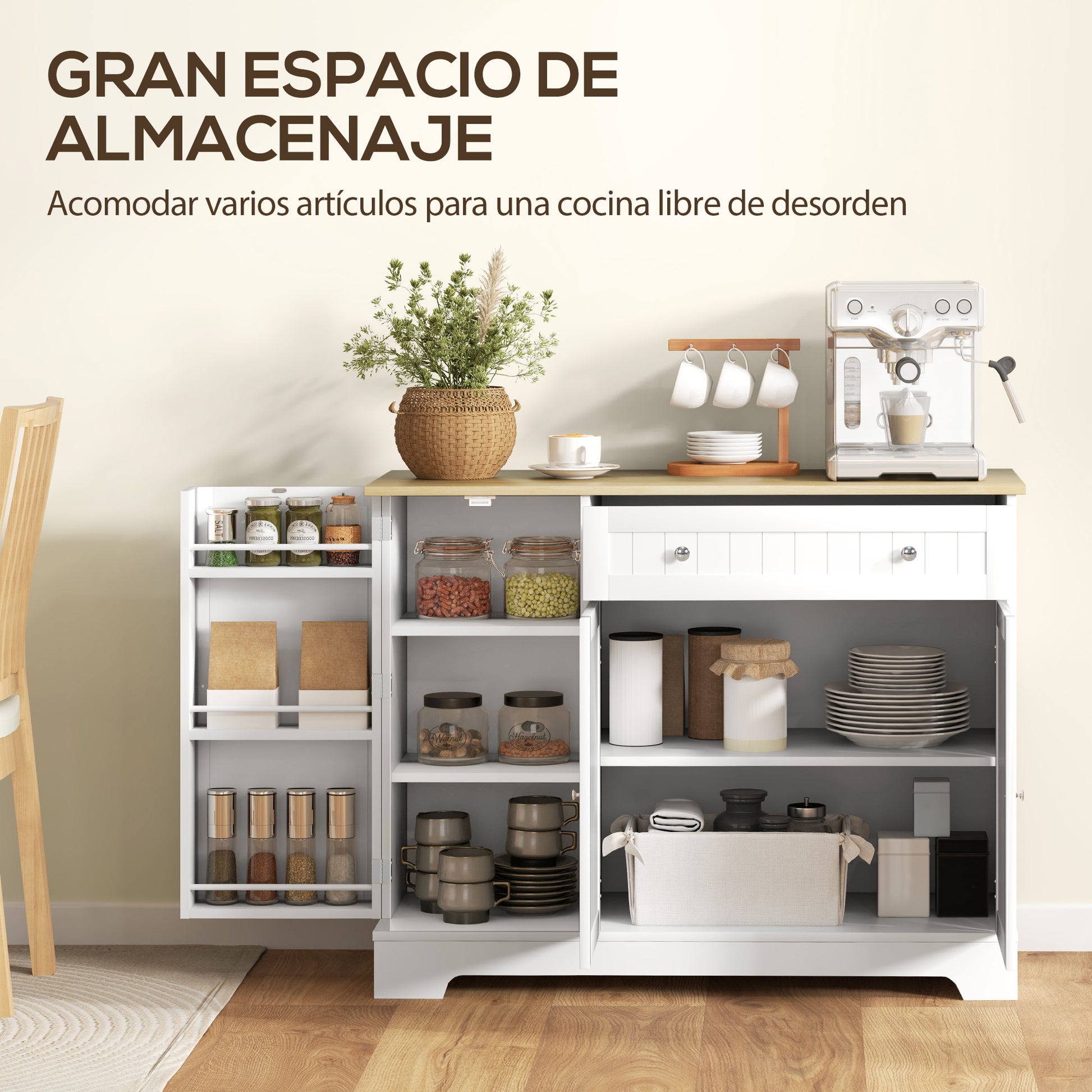Kitchen Sideboard Kitchen Cabinet Pantry with Door Shelf Drawer Magnetic Doors Adjustable Shelves Sideboard for Dining Room 105x40x83 cm White and Oak