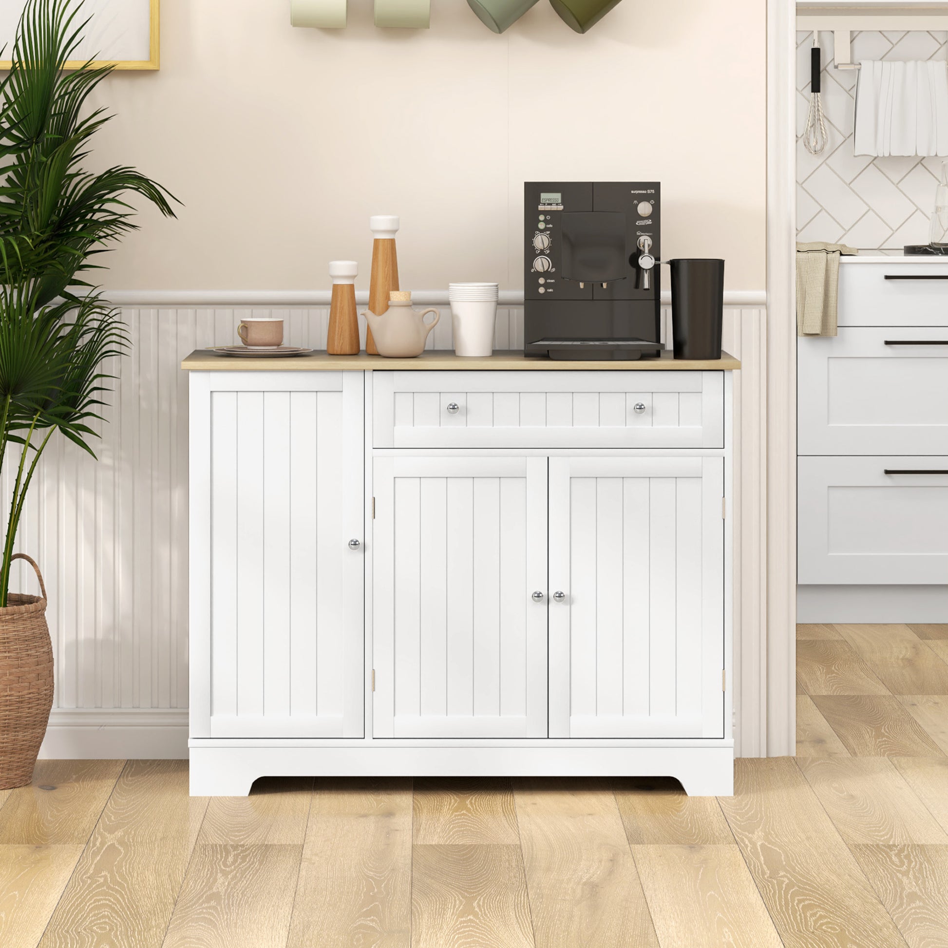 Kitchen Sideboard Kitchen Cabinet Pantry with Door Shelf Drawer Magnetic Doors Adjustable Shelves Sideboard for Dining Room 105x40x83 cm White and Oak