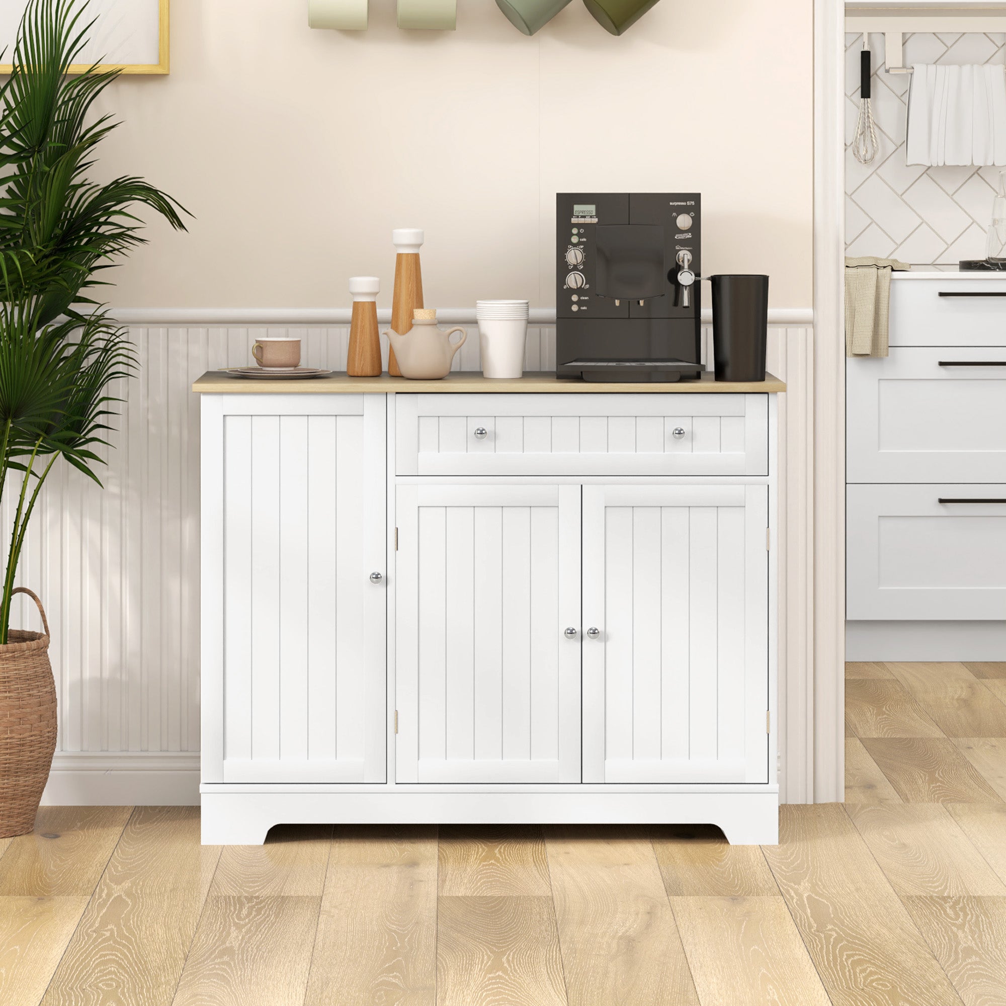Kitchen Sideboard Kitchen Cabinet Pantry with Door Shelf Drawer Magnetic Doors Adjustable Shelves Sideboard for Dining Room 105x40x83 cm White and Oak