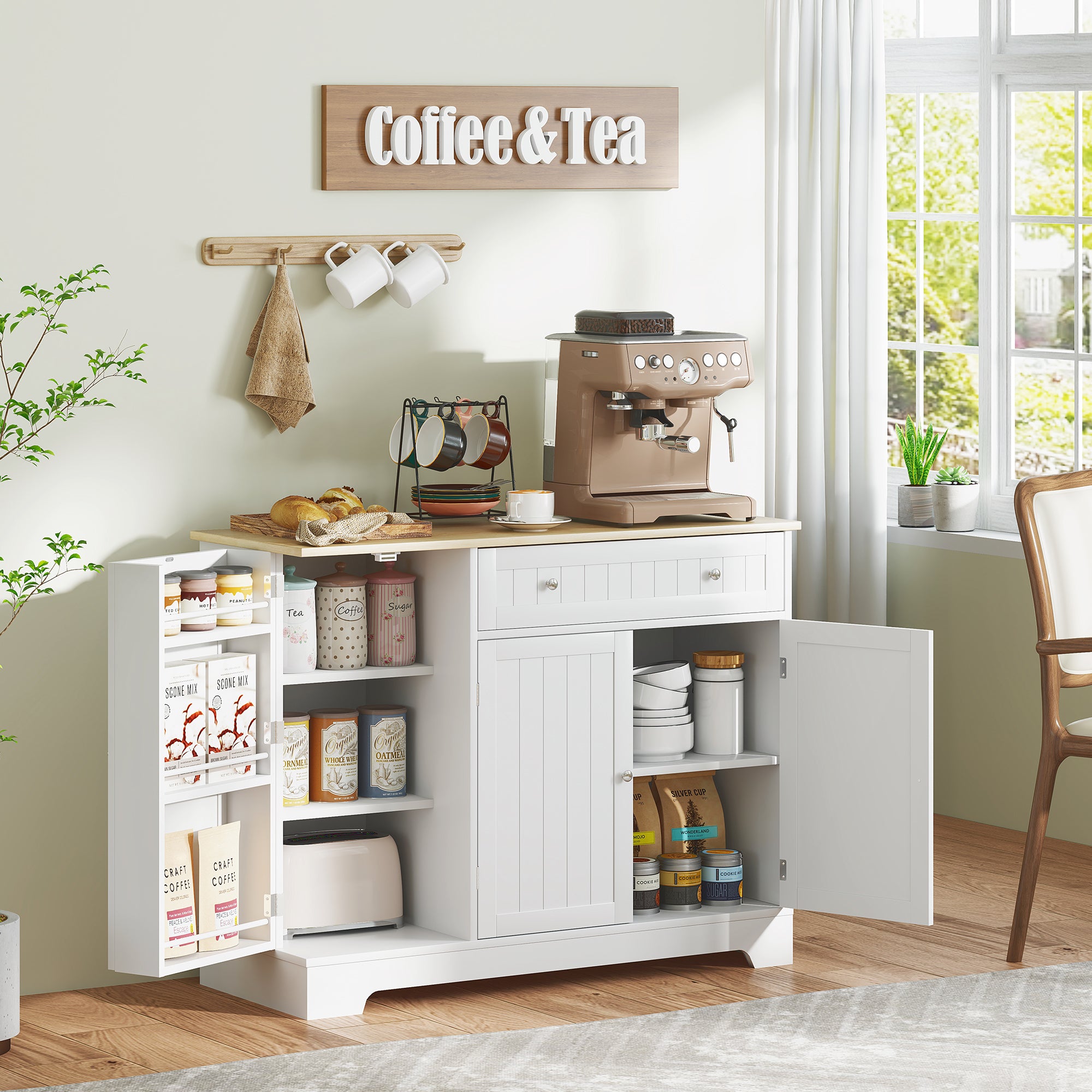 Kitchen Sideboard Kitchen Cabinet Pantry with Door Shelf Drawer Magnetic Doors Adjustable Shelves Sideboard for Dining Room 105x40x83 cm White and Oak