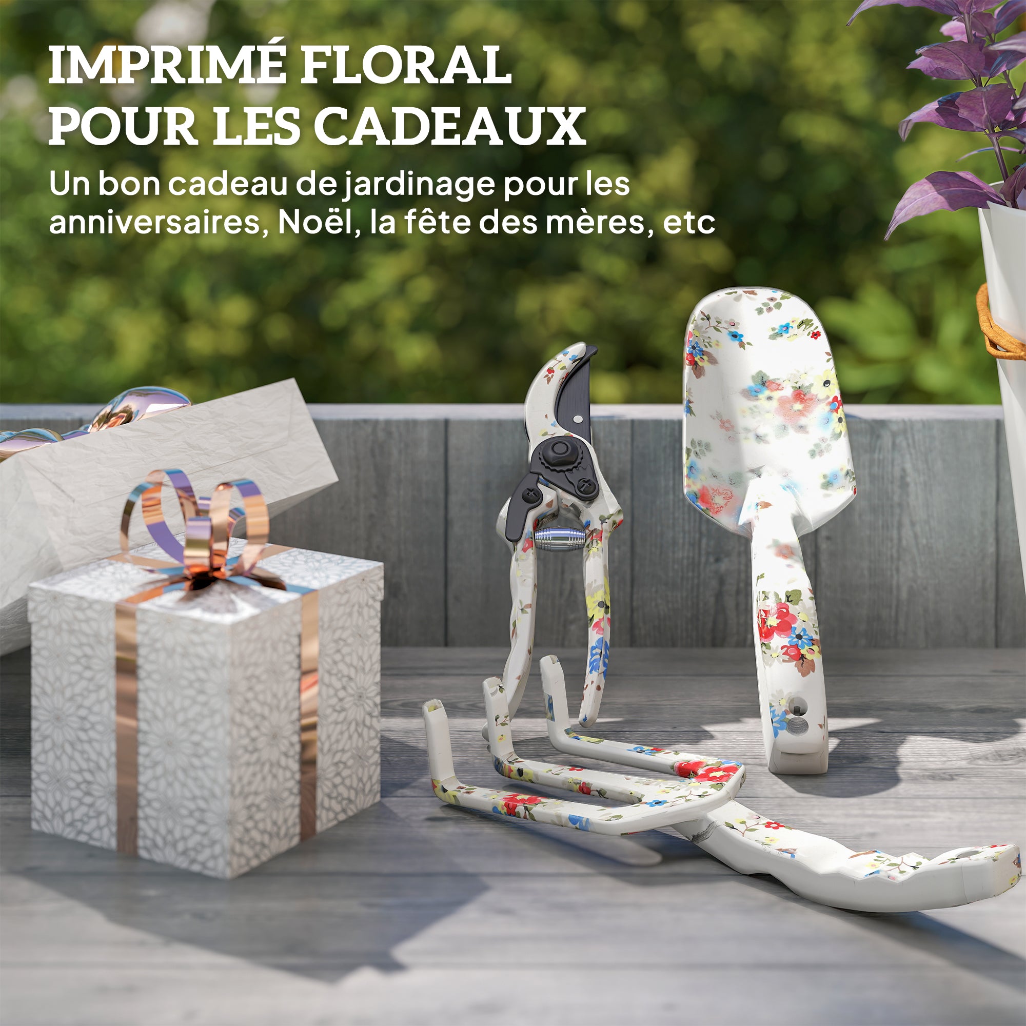 3-Piece Aluminum Gardening Set - Secateur, Trowel, Hand Rake, Floral Pattern - Ideal for Plant Trimming and Maintenance