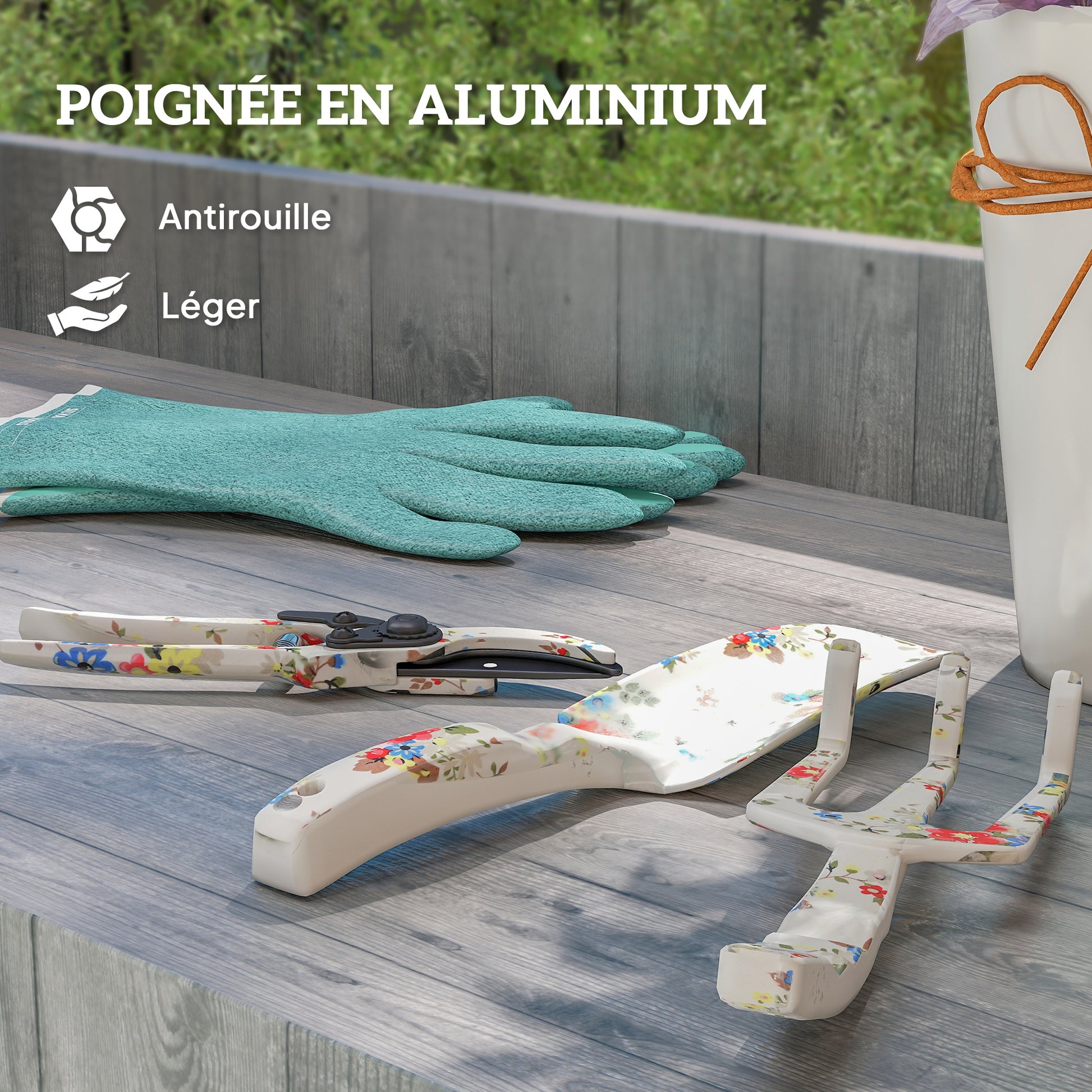 3-Piece Aluminum Gardening Set - Secateur, Trowel, Hand Rake, Floral Pattern - Ideal for Plant Trimming and Maintenance