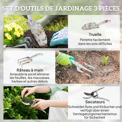 3-Piece Aluminum Gardening Set - Secateur, Trowel, Hand Rake, Floral Pattern - Ideal for Plant Trimming and Maintenance