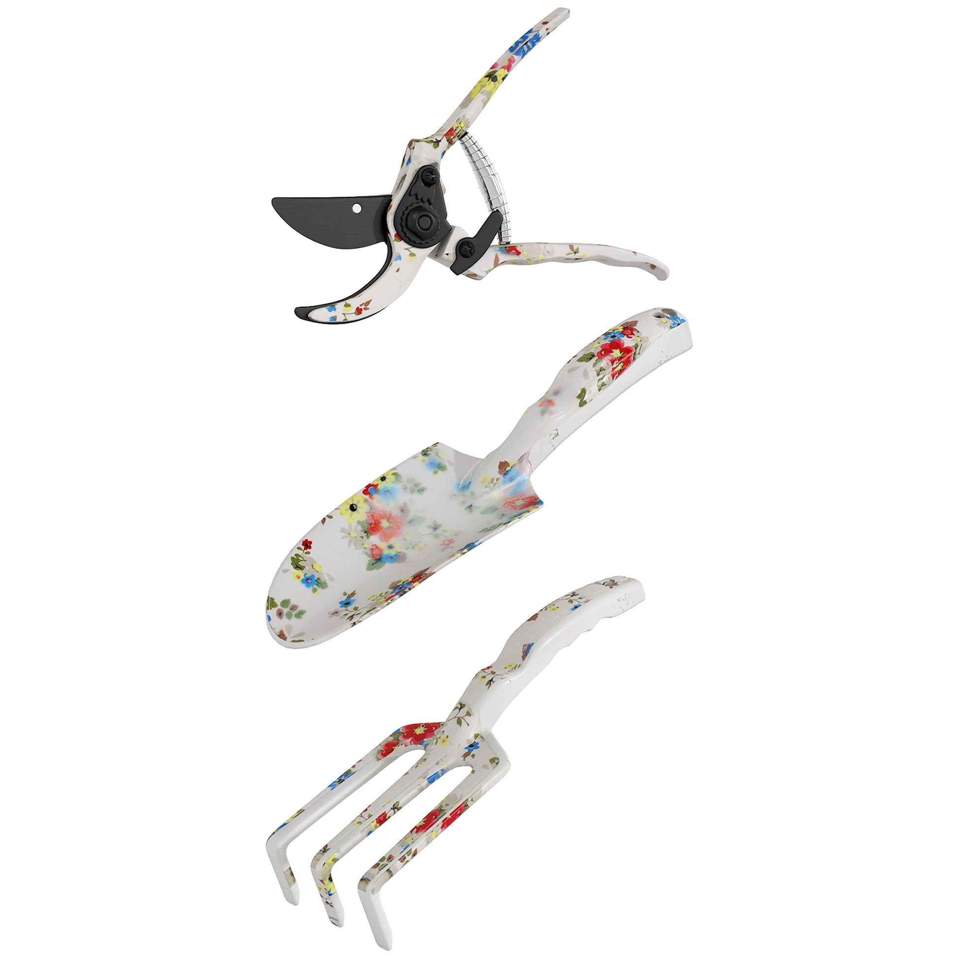 3-Piece Aluminum Gardening Set - Secateur, Trowel, Hand Rake, Floral Pattern - Ideal for Plant Trimming and Maintenance