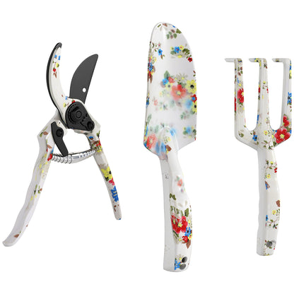 3-Piece Aluminum Gardening Set - Secateur, Trowel, Hand Rake, Floral Pattern - Ideal for Plant Trimming and Maintenance