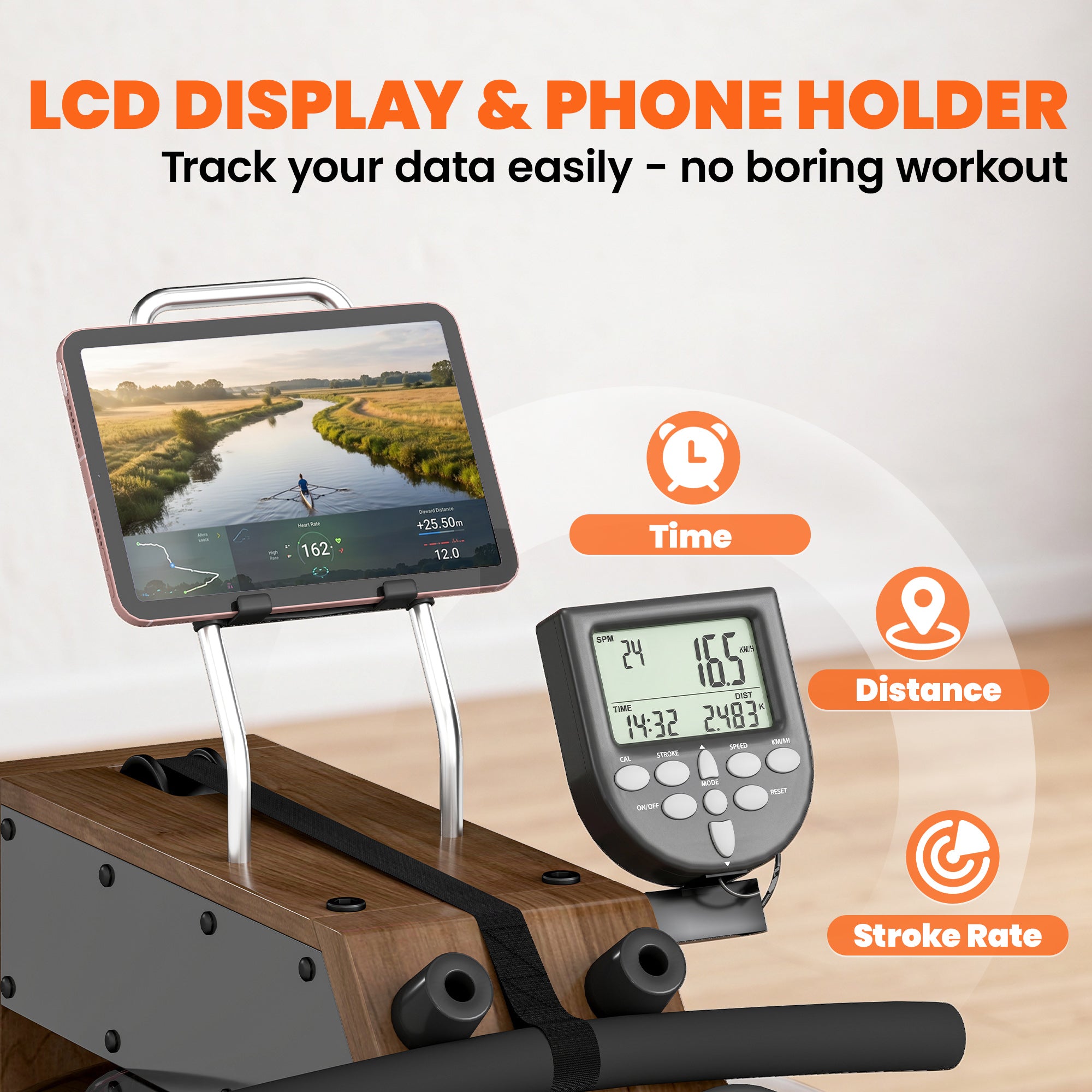 SPORTNOW Foldable Water Rower – Rubberwood Frame, Bluetooth App Compatible, Dual Aluminum Rails, LCD, Comfortable Padded Seat, Phone Holder, 348 lb Capacity