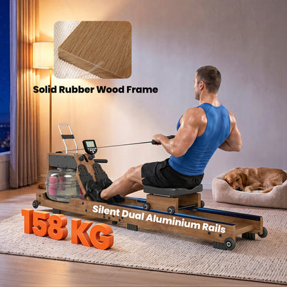 SPORTNOW Foldable Water Rower – Rubberwood Frame, Bluetooth App Compatible, Dual Aluminum Rails, LCD, Comfortable Padded Seat, Phone Holder, 348 lb Capacity