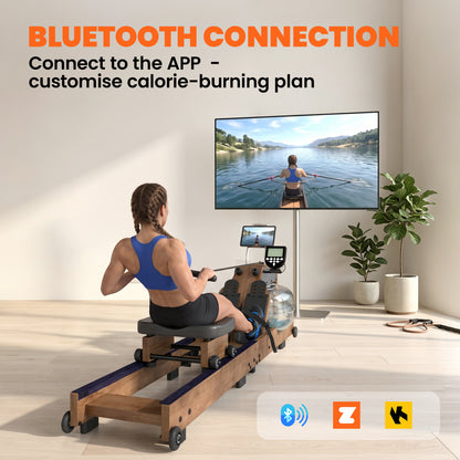 SPORTNOW Foldable Water Rower – Rubberwood Frame, Bluetooth App Compatible, Dual Aluminum Rails, LCD, Comfortable Padded Seat, Phone Holder, 348 lb Capacity