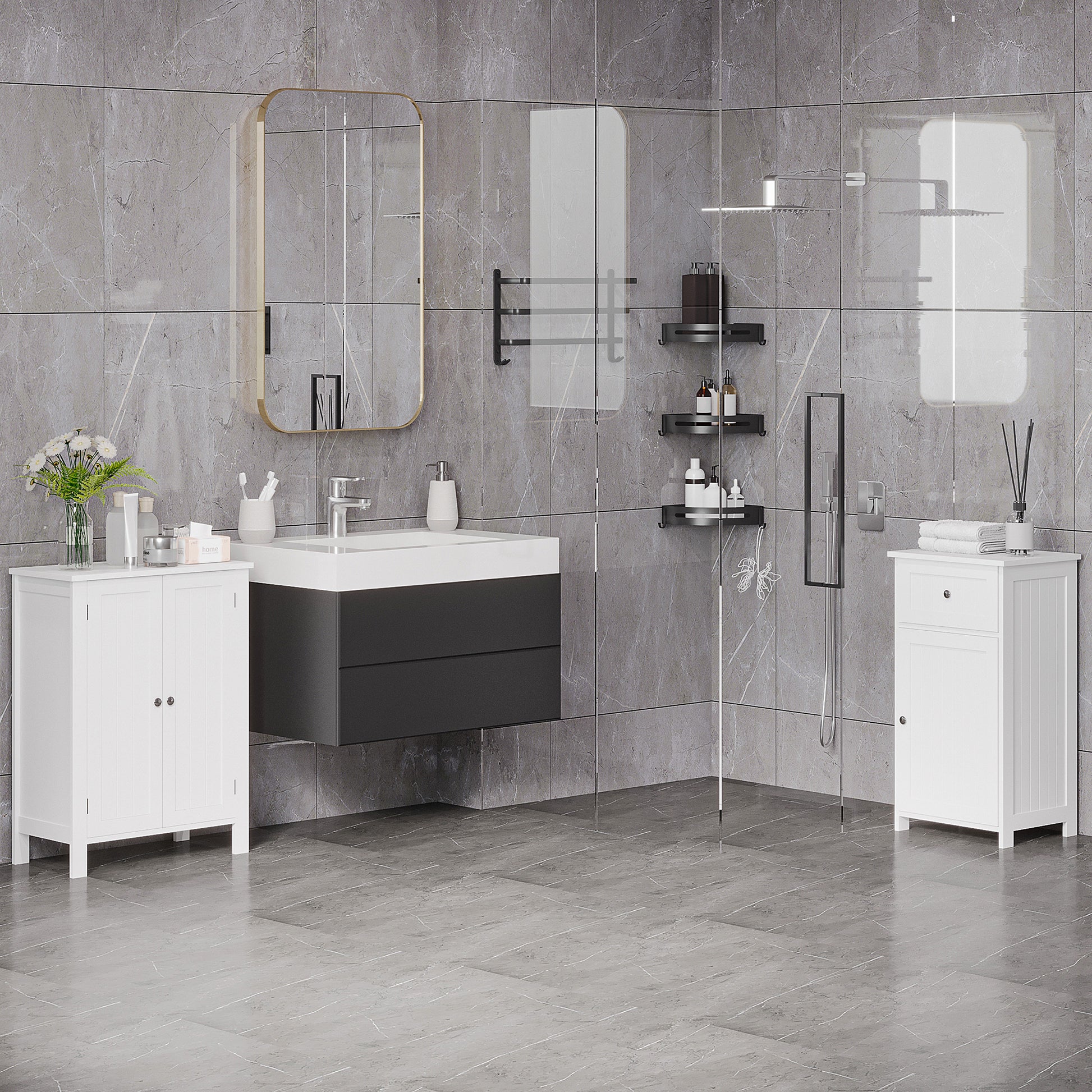 Bathroom Cabinet with 2 Doors and 2 Adjustable Interior Shelves Storage Unit for Living Room Kitchen Anti-tip 60x30x80 cm White