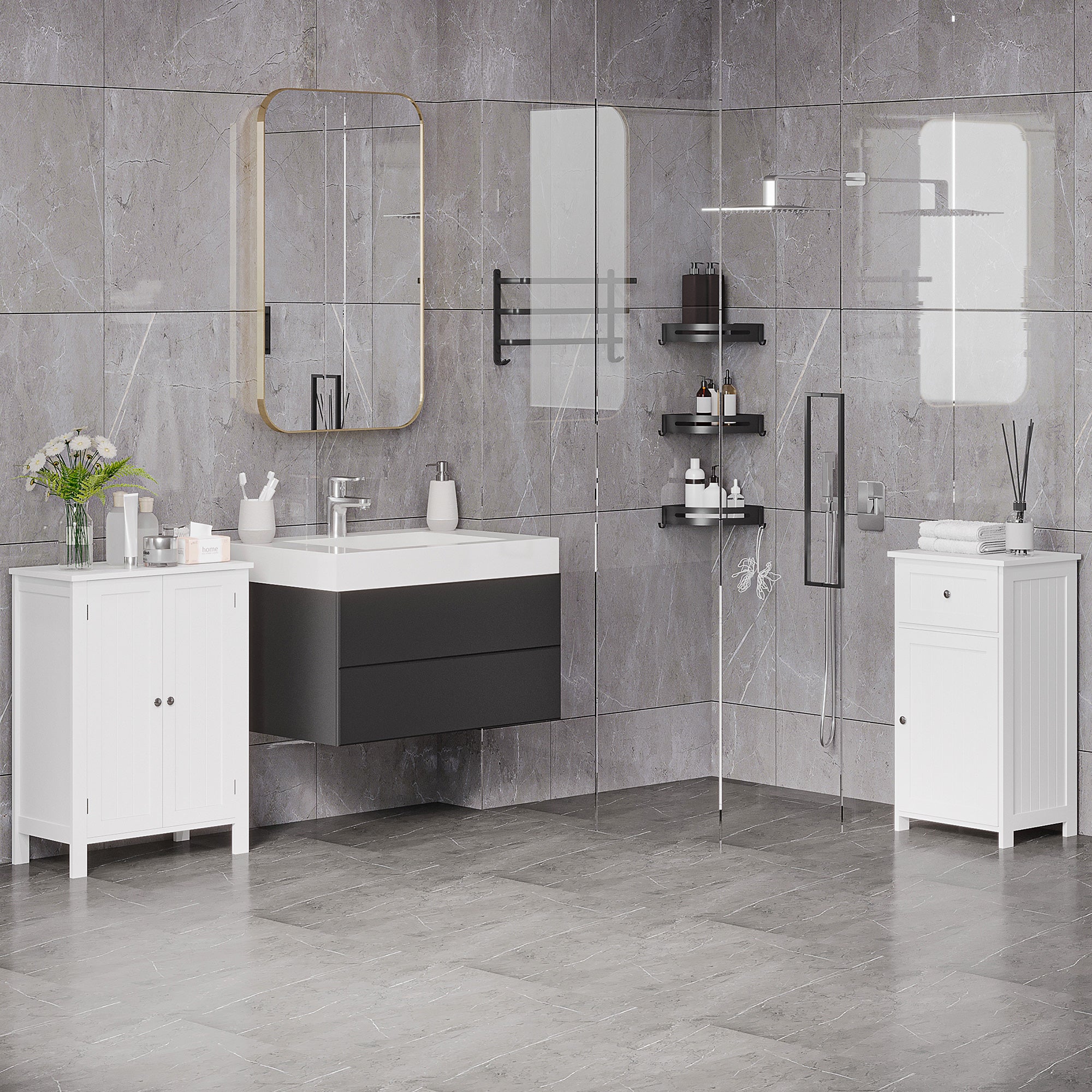 Bathroom Cabinet with 2 Doors and 2 Adjustable Interior Shelves Storage Unit for Living Room Kitchen Anti-tip 60x30x80 cm White