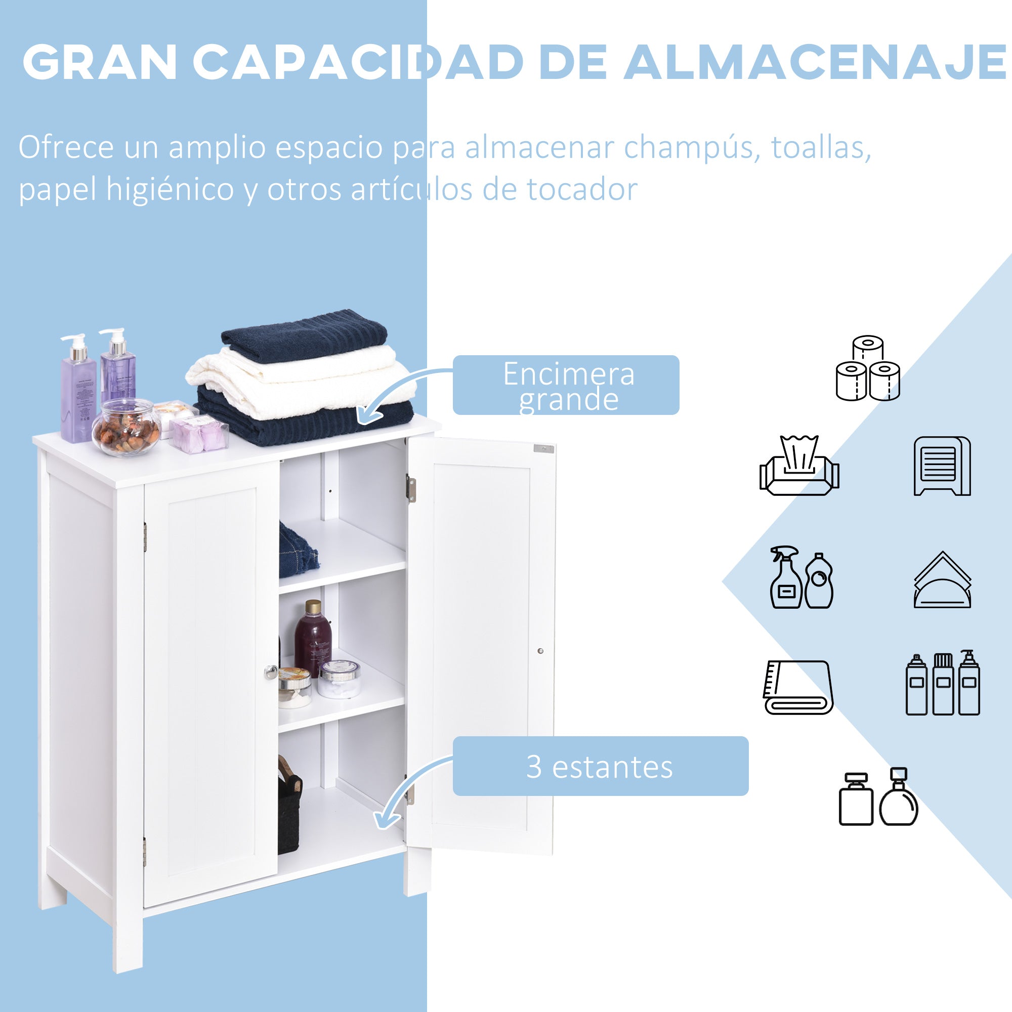 Bathroom Cabinet with 2 Doors and 2 Adjustable Interior Shelves Storage Unit for Living Room Kitchen Anti-tip 60x30x80 cm White