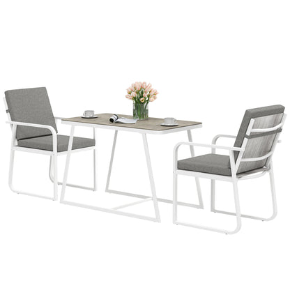 3-Piece Garden Table Set with Glass Table, 2 Outdoor Chairs with Armrests and Washable Cushions, Steel and Textilene Furniture Set for Terrace, White