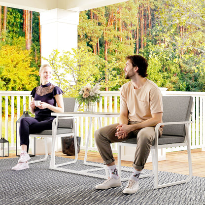 3-Piece Garden Table Set with Glass Table, 2 Outdoor Chairs with Armrests and Washable Cushions, Steel and Textilene Furniture Set for Terrace, White