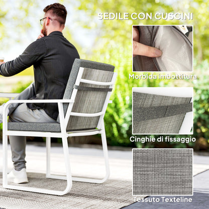 3-Piece Garden Table Set with Glass Table, 2 Outdoor Chairs with Armrests and Washable Cushions, Steel and Textilene Furniture Set for Terrace, White