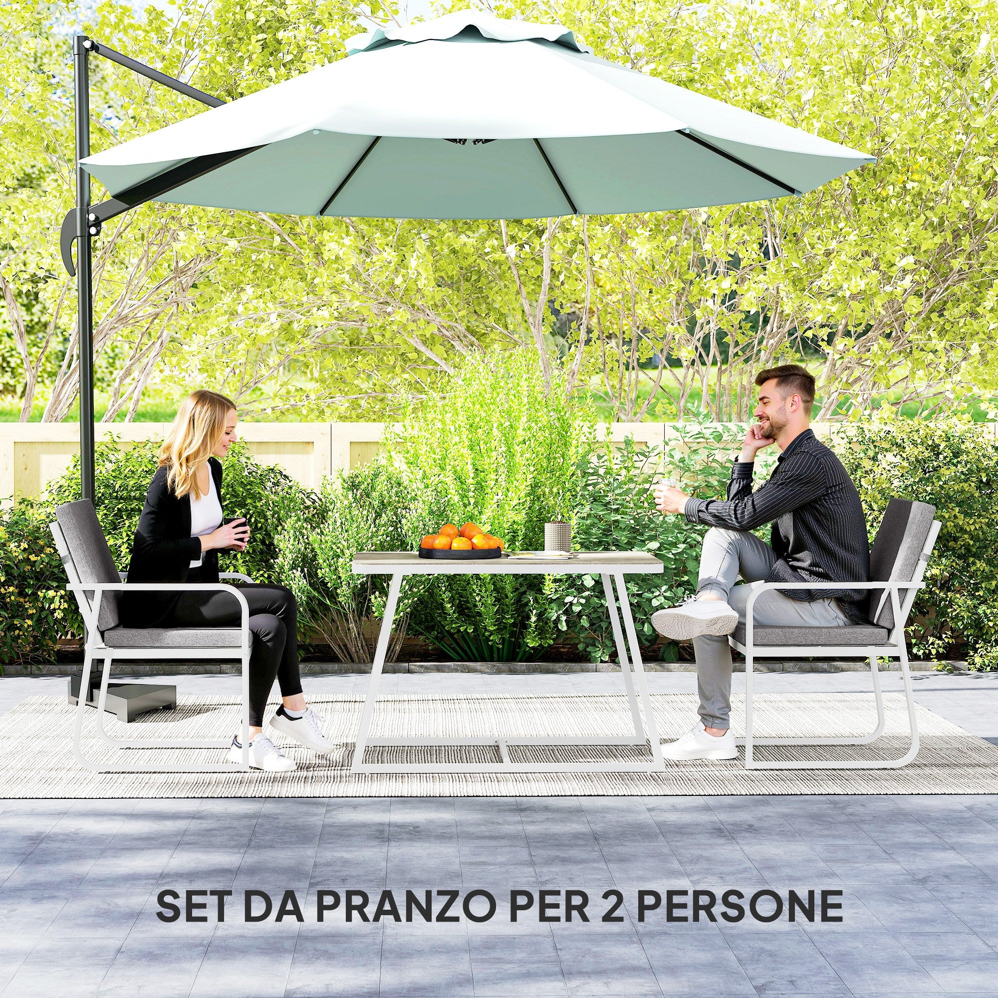3-Piece Garden Table Set with Glass Table, 2 Outdoor Chairs with Armrests and Washable Cushions, Steel and Textilene Furniture Set for Terrace, White