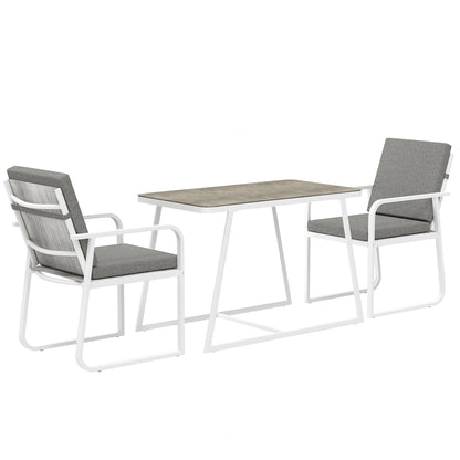 3-Piece Garden Table Set with Glass Table, 2 Outdoor Chairs with Armrests and Washable Cushions, Steel and Textilene Furniture Set for Terrace, White
