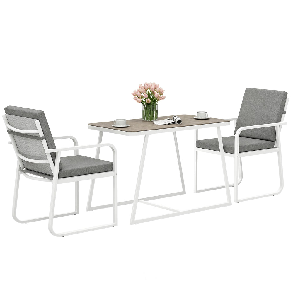 Outsunny 3-teiliges Gartenmöbelset mit Glastisch, 2 Gartenstühlen mit Armlehnen und waschbaren Kissen, Stahl- und Textilene-Möbelset für die Terrasse, Weiß