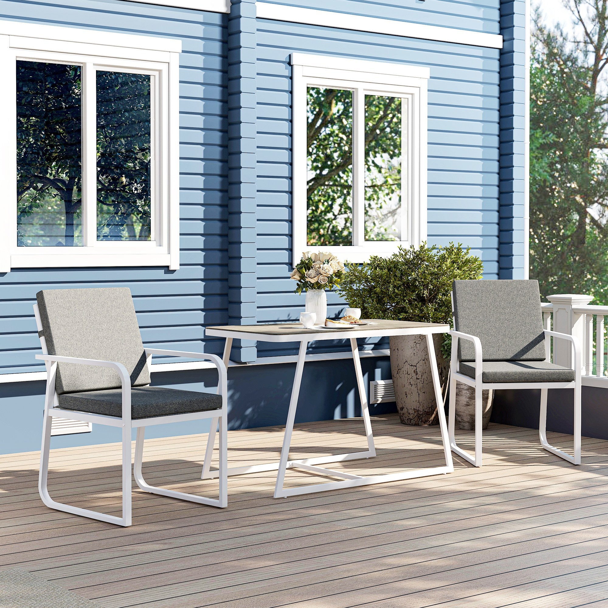 3-Piece Garden Table Set with Glass Table, 2 Outdoor Chairs with Armrests and Washable Cushions, Steel and Textilene Furniture Set for Terrace, White
