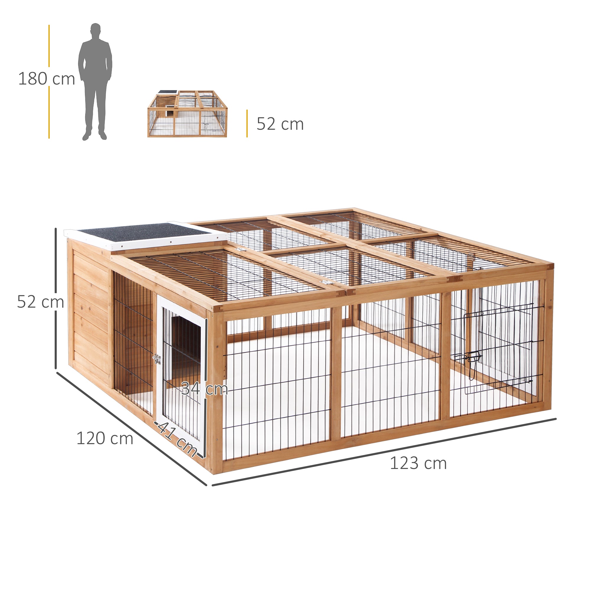 Rabbit Hutch Small Animal Enclosure with Openable Roof Small Animal Cage Guinea Pig Hutch with Outdoor Run Weather Resistant Pine Wood Natural 123 x 120 x 52 cm