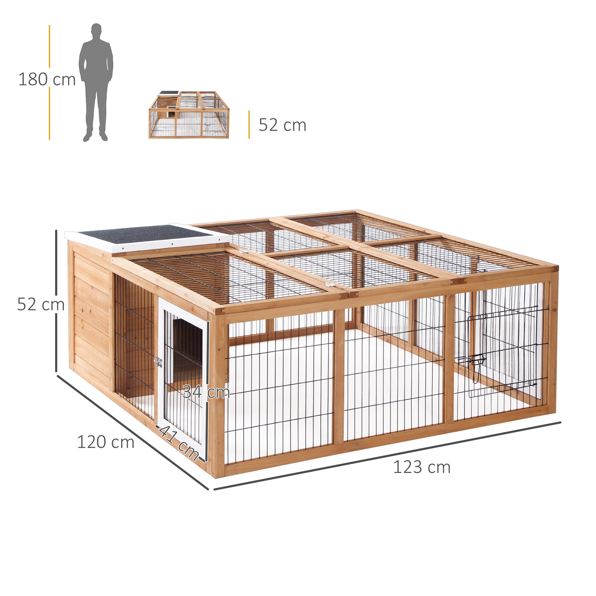 Rabbit Hutch Small Animal Enclosure with Openable Roof Small Animal Cage Guinea Pig Hutch with Outdoor Run Weather Resistant Pine Wood Natural 123 x 120 x 52 cm