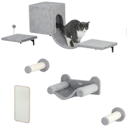 Climbing Wall Cat 6-Piece Cat Climbing Wall Set with Cat House, Hammock, Platform, Scratch Tree with Scratching Board, Plush Wall Scratching Tree, Cat Furniture for Cats up to 5 kg, Gray